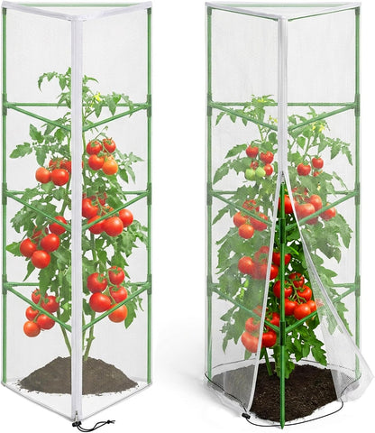 2 Pcs Garden Bird Netting Cover for Round Tomato Cage, 59" x 18" Tomato Trellis Insect Barrier Protection Mesh, Plant Cage Garden Net Cover with Zipper for Vertical Climbing Plants Vegetables Fruits