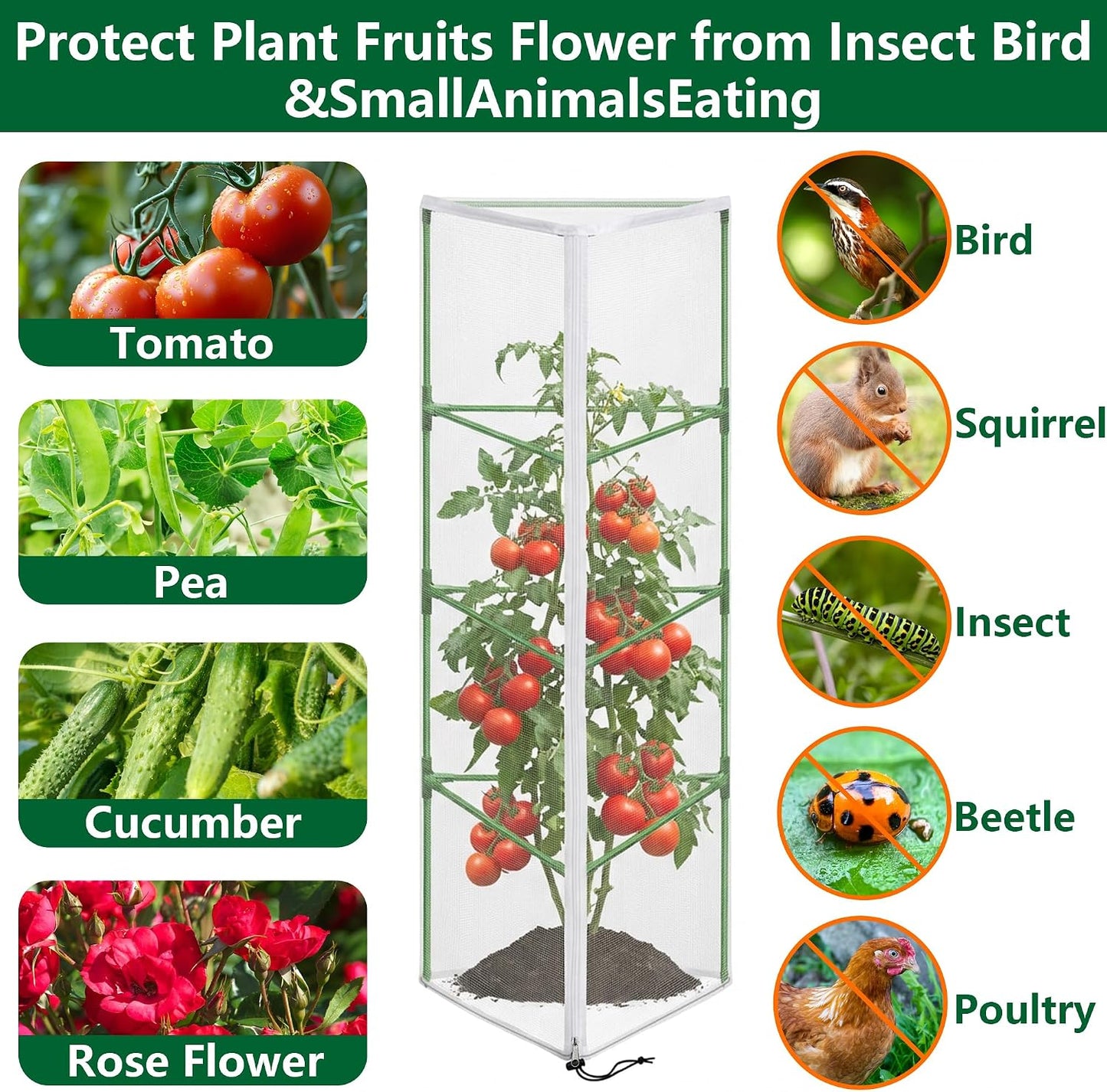 2 Pcs Garden Bird Netting Cover for Round Tomato Cage, 59" x 18" Tomato Trellis Insect Barrier Protection Mesh, Plant Cage Garden Net Cover with Zipper for Vertical Climbing Plants Vegetables Fruits
