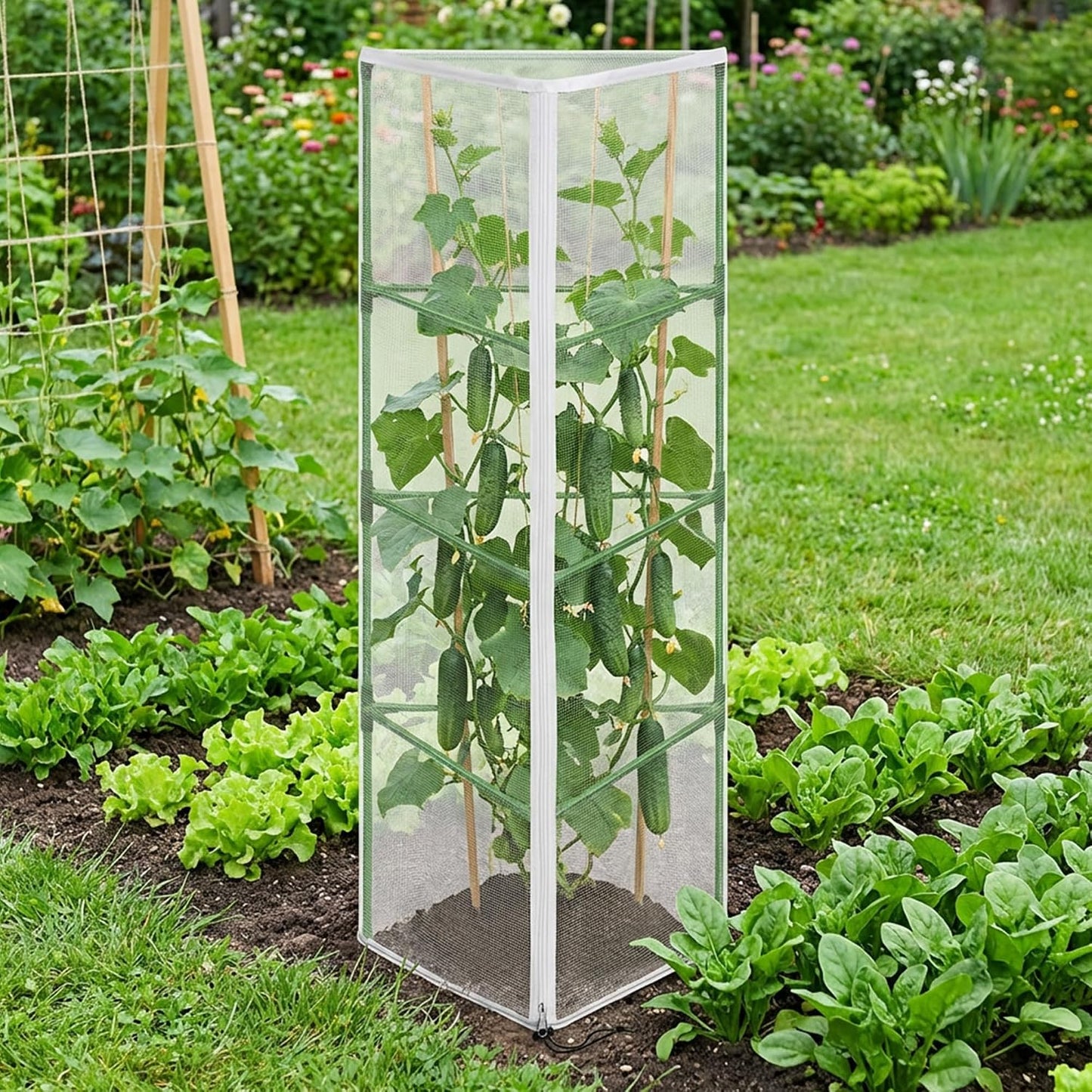 2 Pcs Garden Bird Netting Cover for Round Tomato Cage, 59" x 18" Tomato Trellis Insect Barrier Protection Mesh, Plant Cage Garden Net Cover with Zipper for Vertical Climbing Plants Vegetables Fruits