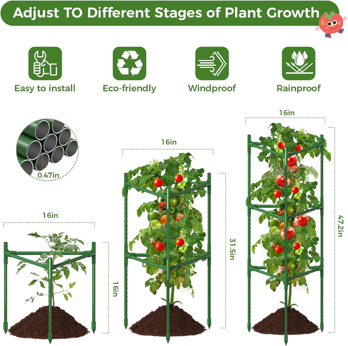 4 Pack Extra Wide Tomato Cages for Garden Up to 47.2'',Tall Metal Plant Supports for Raised Garden Bed, Foldable & Sturdy Steel Stake Cages for Tomato, Eggplant,Pepper, Pea﻿ (4 Pack)