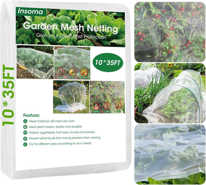 10x35Ft Garden Netting for Raised Bed, Thickened 60 Mesh Bird Netting for Garden Protection, Mesh Insect Row Covers for Plant Pest Barrier Fruits Flowers Crops Greenhouse Protect from Birds Bugs