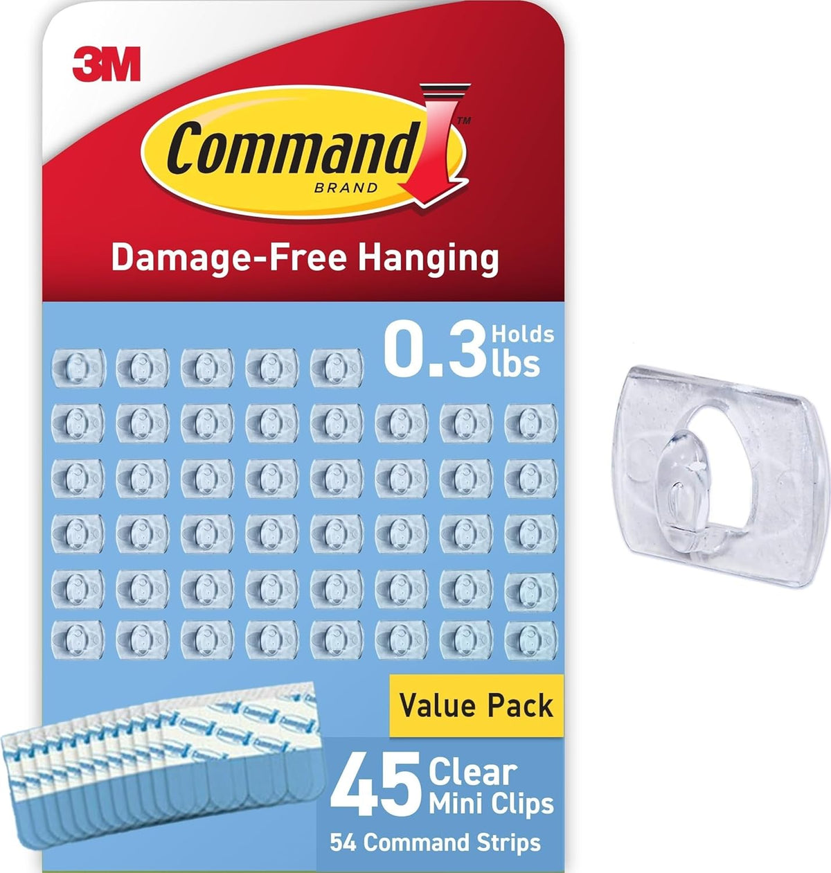 Clear Indoor Mini Light Clips Value Pack, 45 Clips, 54 Strips, Damage-Free String Light Hangers for Home, Room, Wall, Office, and Dorm Decor, Great for Cable Management, Holds up to 0.3 lb