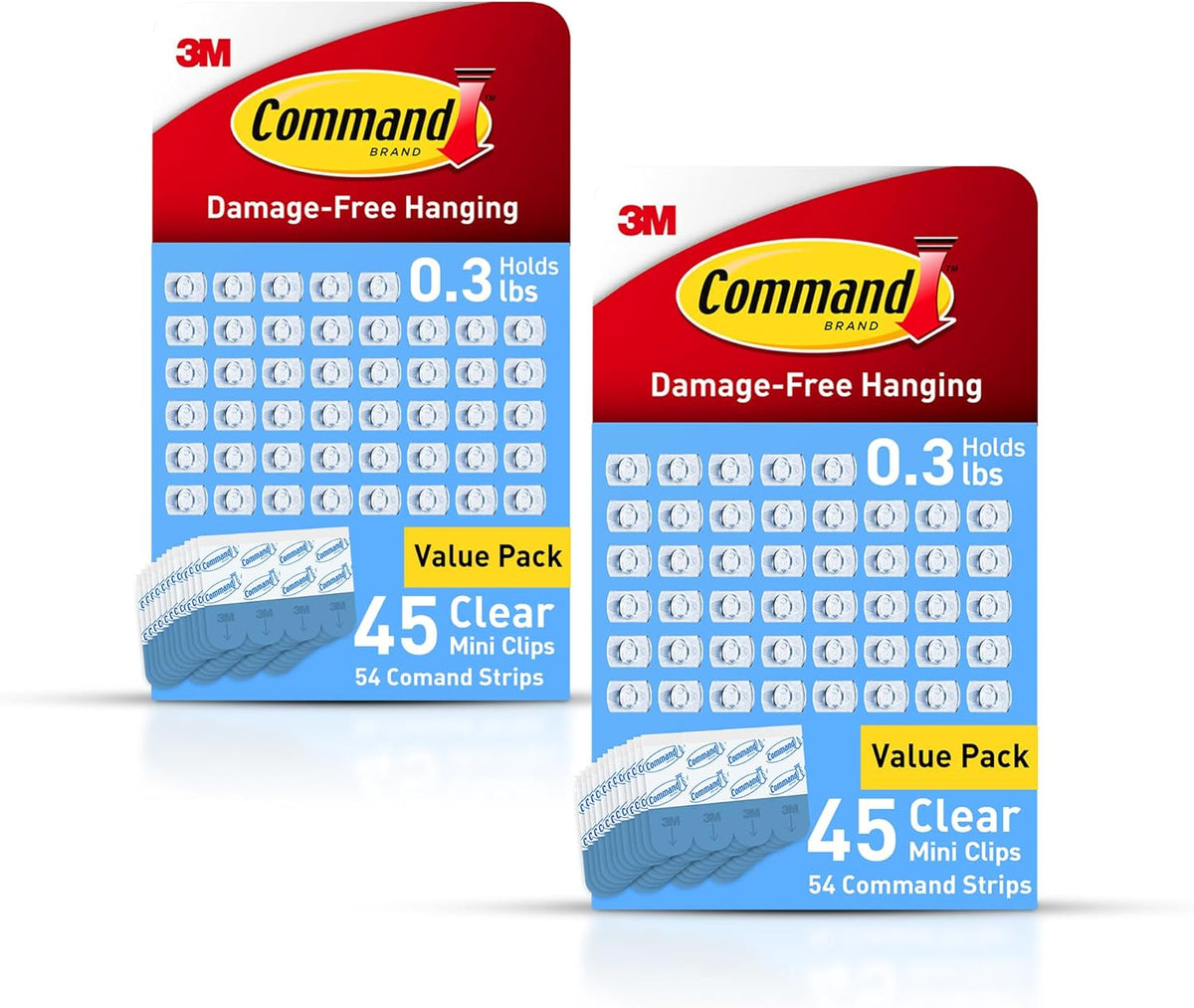 Clear Indoor Mini Light Clips Value Pack, 45 Clips, 54 Strips, Damage-Free String Light Hangers for Home, Room, Wall, Office, and Dorm Decor, Great for Cable Management, Holds up to 0.3 lb