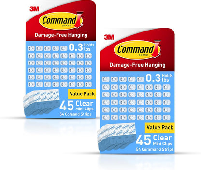 Clear Indoor Mini Light Clips Value Pack, 45 Clips, 54 Strips, Damage-Free String Light Hangers for Home, Room, Wall, Office, and Dorm Decor, Great for Cable Management, Holds up to 0.3 lb