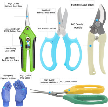 Garden Pruning Shears Garden Scissors Herb Scissors Florist Scissors Floral Snips Bonsai Scissors Hand Pruner with Gardening Gloves,Stainless Steel Straight Tip and Curved Blades,Green+Blue