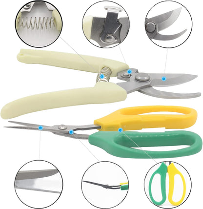 Garden Pruning Shears Garden Scissors Herb Scissors Florist Scissors Floral Snips Bonsai Scissors Hand Pruner with Gardening Gloves,Stainless Steel Straight Tip and Curved Blades,Green+Blue