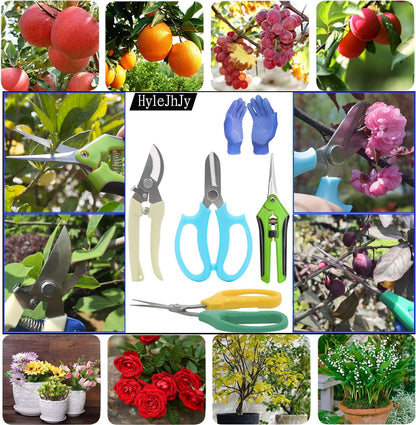 Garden Pruning Shears Garden Scissors Herb Scissors Florist Scissors Floral Snips Bonsai Scissors Hand Pruner with Gardening Gloves,Stainless Steel Straight Tip and Curved Blades,Green+Blue
