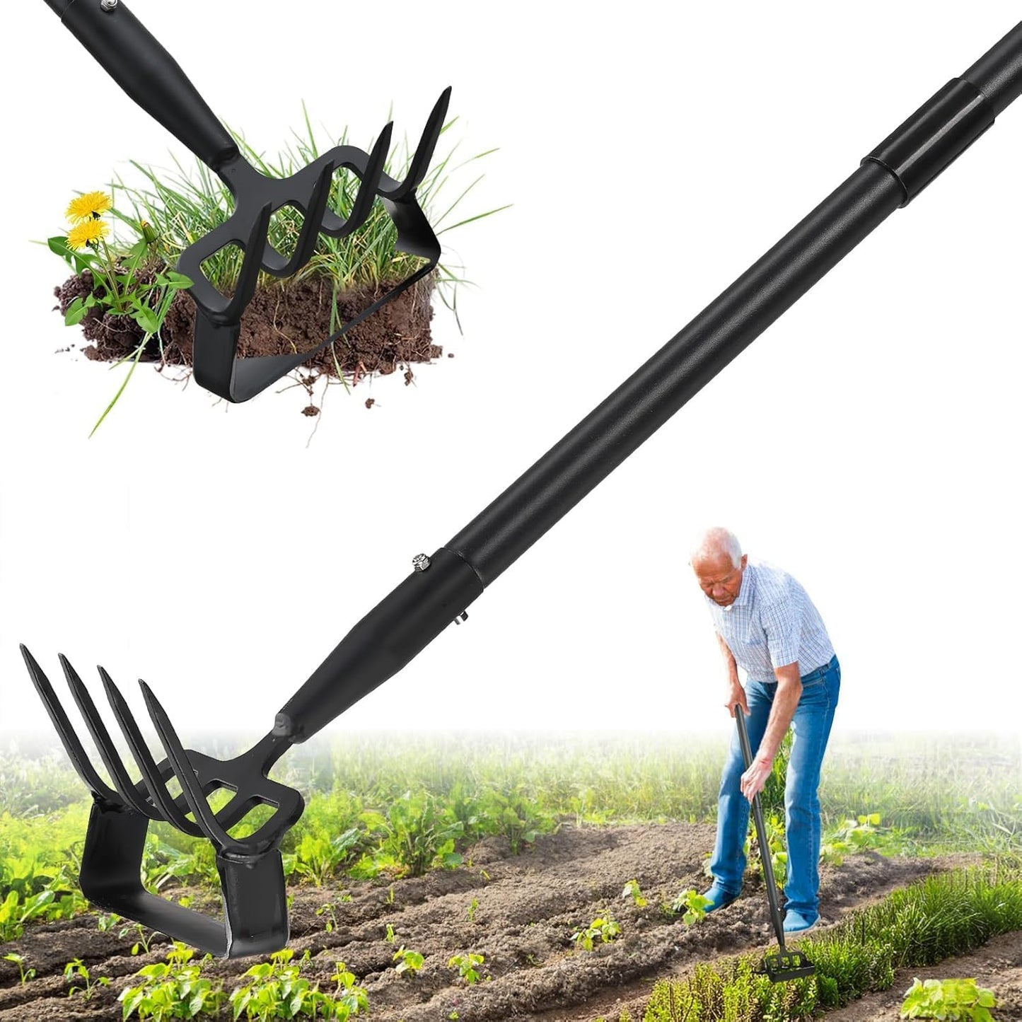 2 in 1 Heavy Duty Garden Hoe and Cultivator, 62 Inch Long Handle Stirrup Hoe Set, Lightweight Weeding Rake for Fast Weed & Grass Removal, Cultivating, Loosen Soil, Sharp Edge