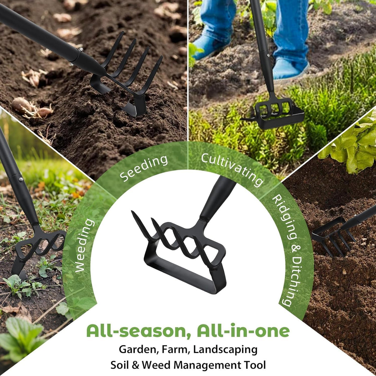 2 in 1 Heavy Duty Garden Hoe and Cultivator, 62 Inch Long Handle Stirrup Hoe Set, Lightweight Weeding Rake for Fast Weed & Grass Removal, Cultivating, Loosen Soil, Sharp Edge