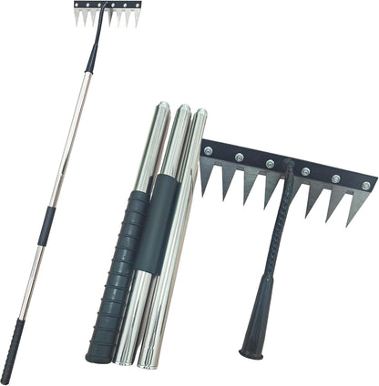 Weed Puller Tool Rake Heavy Duty with Stainless Steel Long Handle，Garden Weeding Rake for Removing Weeds, Loosening Soil, Cleaning Flower Beds, Pine Needles & Lawn Prep (8 Tines)