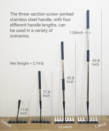 Weed Puller Tool Rake Heavy Duty with Stainless Steel Long Handle，Garden Weeding Rake for Removing Weeds, Loosening Soil, Cleaning Flower Beds, Pine Needles & Lawn Prep (8 Tines)