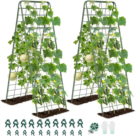 Heavy Duty A-Frame Metal Garden Trellis for Climbing Plants, 50"x17" Inch Tall Plant Support with Clips & Garden Ties for Cucumbers, Squash, Beans & Vines (2)