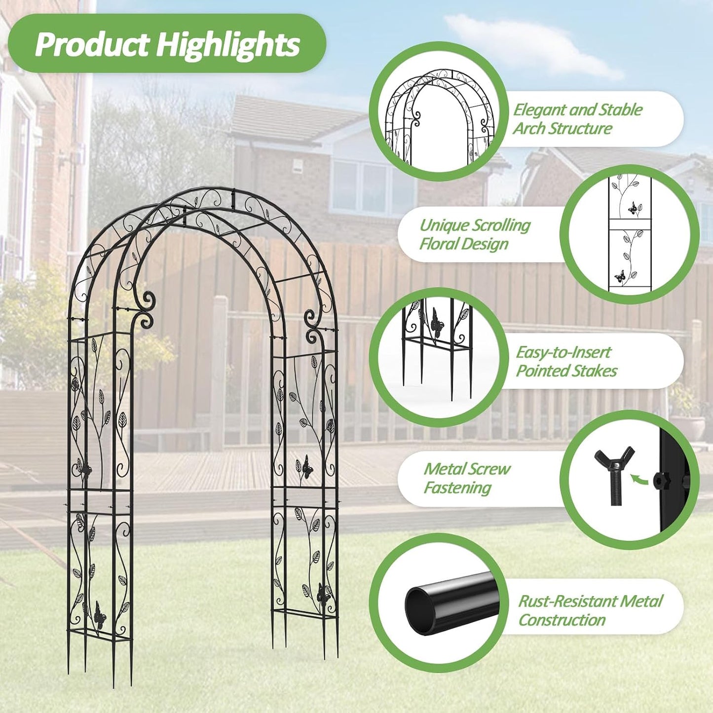 Garden Abor - 88"(H)*51"(L), Sturdy Metal Garden Arch with Rust-Resistant Finish, Trellis for Climbing Plants Outdoor, Ideal as Wedding Arches for Ceremony（20MM Pipe）