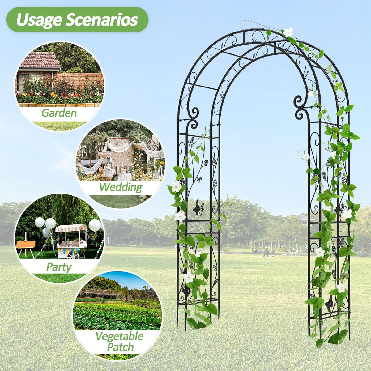 Garden Abor - 88"(H)*51"(L), Sturdy Metal Garden Arch with Rust-Resistant Finish, Trellis for Climbing Plants Outdoor, Ideal as Wedding Arches for Ceremony（20MM Pipe）