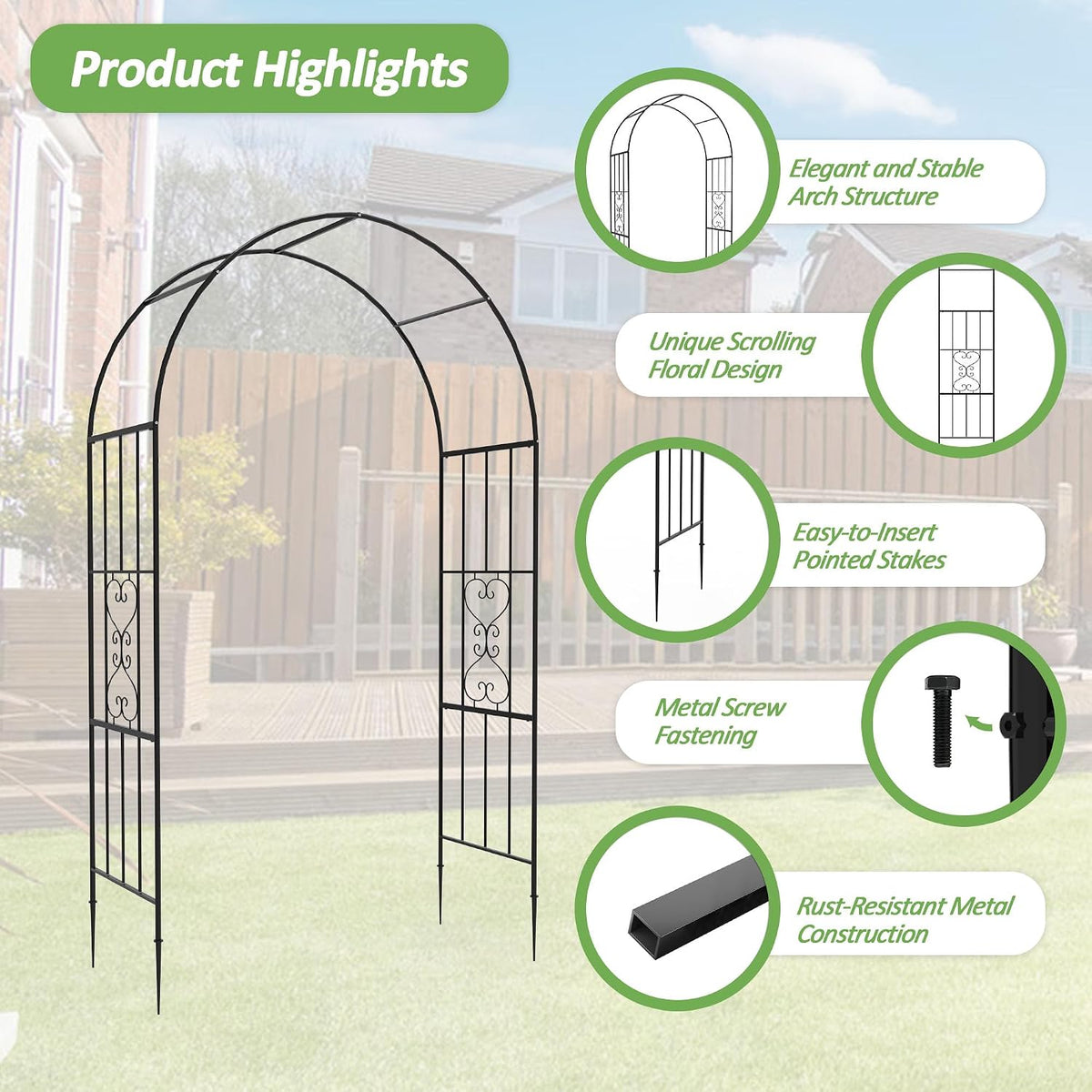 Garden Abor - 88"(H)*51"(L), Sturdy Metal Garden Arch with Rust-Resistant Finish, Trellis for Climbing Plants Outdoor, Ideal as Wedding Arches for Ceremony（20MM Pipe）