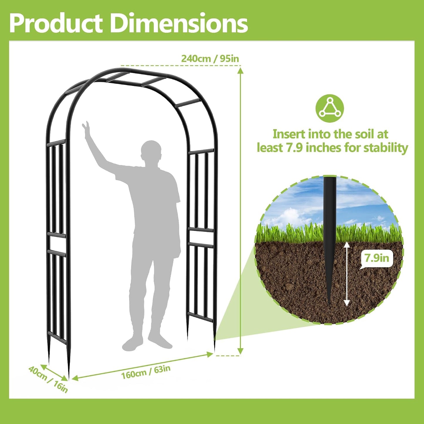 Garden Abor - 88"(H)*51"(L), Sturdy Metal Garden Arch with Rust-Resistant Finish, Trellis for Climbing Plants Outdoor, Ideal as Wedding Arches for Ceremony（20MM Pipe）