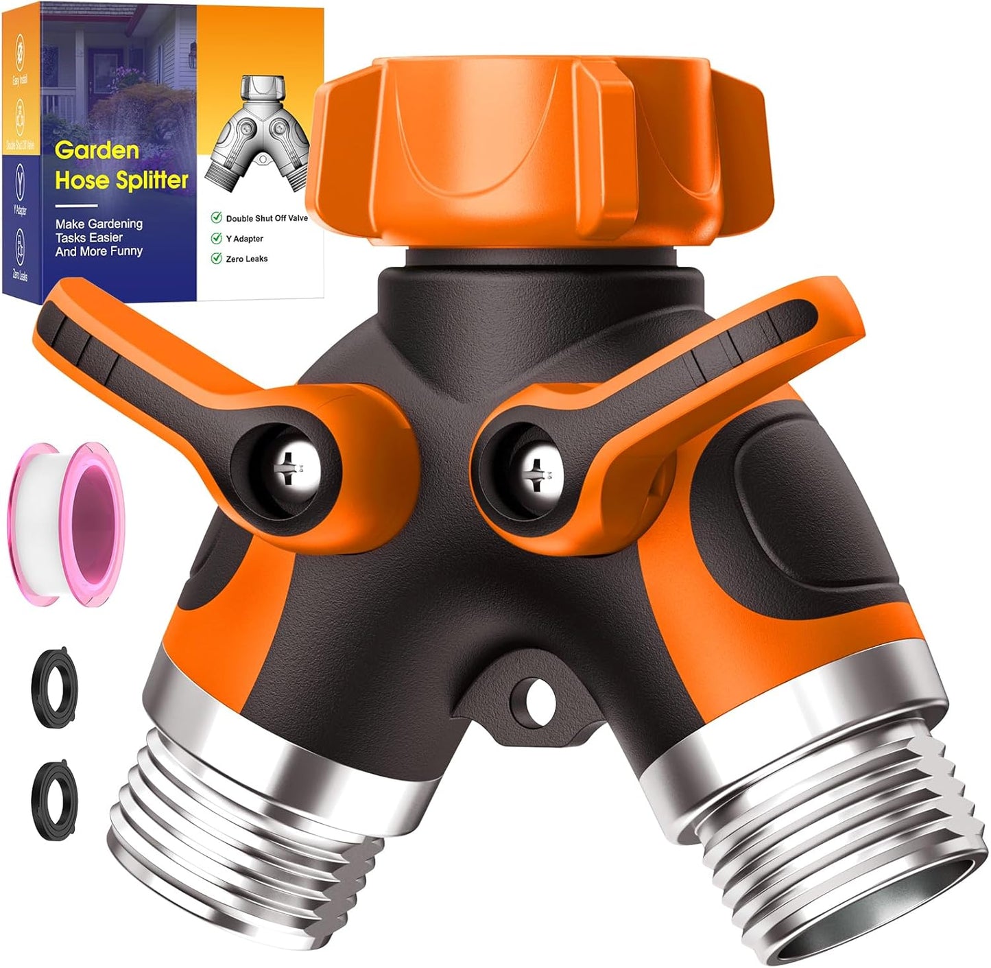 2 Way Garden Hose Splitter with Shut Off Valve,Water Spigot Splitter for 3/4" Hose Connector,Heavy Duty Metal Outdoor Faucet Splitter Y Connector for Garden Hose,with 3 Leakproof Washers & 1 tape