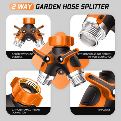 2 Way Garden Hose Splitter with Shut Off Valve,Water Spigot Splitter for 3/4" Hose Connector,Heavy Duty Metal Outdoor Faucet Splitter Y Connector for Garden Hose,with 3 Leakproof Washers & 1 tape
