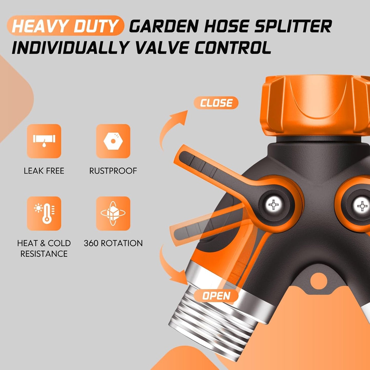 2 Way Garden Hose Splitter with Shut Off Valve,Water Spigot Splitter for 3/4" Hose Connector,Heavy Duty Metal Outdoor Faucet Splitter Y Connector for Garden Hose,with 3 Leakproof Washers & 1 tape