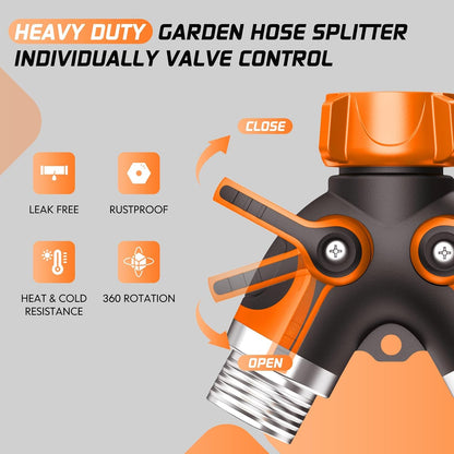 2 Way Garden Hose Splitter with Shut Off Valve,Water Spigot Splitter for 3/4" Hose Connector,Heavy Duty Metal Outdoor Faucet Splitter Y Connector for Garden Hose,with 3 Leakproof Washers & 1 tape