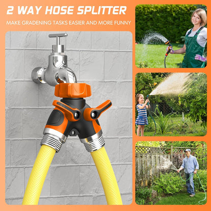 2 Way Garden Hose Splitter with Shut Off Valve,Water Spigot Splitter for 3/4" Hose Connector,Heavy Duty Metal Outdoor Faucet Splitter Y Connector for Garden Hose,with 3 Leakproof Washers & 1 tape