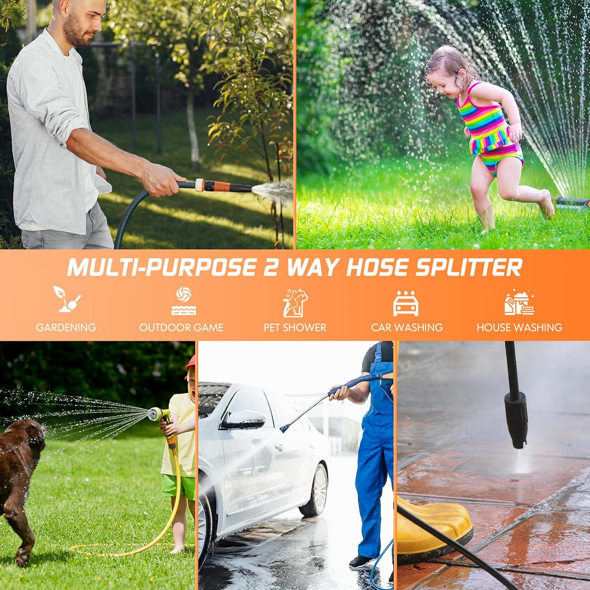 2 Way Garden Hose Splitter with Shut Off Valve,Water Spigot Splitter for 3/4" Hose Connector,Heavy Duty Metal Outdoor Faucet Splitter Y Connector for Garden Hose,with 3 Leakproof Washers & 1 tape