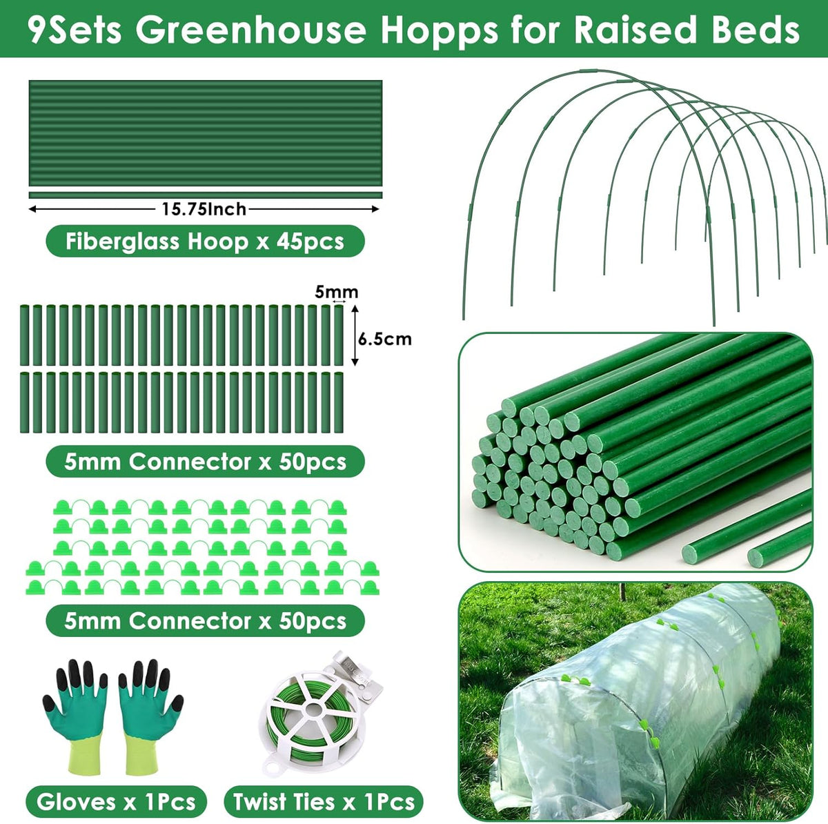 60 Pcs Garden Hoops for Raised Beds, 12 Sets Greenhouse Hoops Grow Tunnel Rust-Free Fiberglass Hoop House Kit, Plant Support Garden Stakes Hoops Frame for Netting Shade Cloth Row Cover Garden Supplies