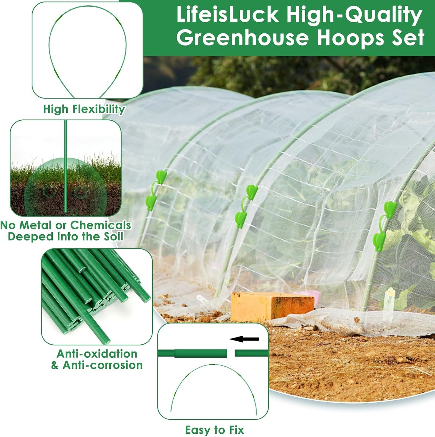 60 Pcs Garden Hoops for Raised Beds, 12 Sets Greenhouse Hoops Grow Tunnel Rust-Free Fiberglass Hoop House Kit, Plant Support Garden Stakes Hoops Frame for Netting Shade Cloth Row Cover Garden Supplies