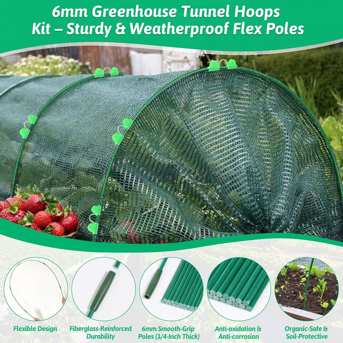 60 Pcs Garden Hoops for Raised Beds, 12 Sets Greenhouse Hoops Grow Tunnel Rust-Free Fiberglass Hoop House Kit, Plant Support Garden Stakes Hoops Frame for Netting Shade Cloth Row Cover Garden Supplies