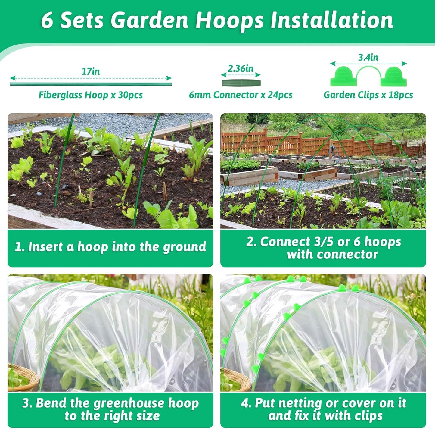 60 Pcs Garden Hoops for Raised Beds, 12 Sets Greenhouse Hoops Grow Tunnel Rust-Free Fiberglass Hoop House Kit, Plant Support Garden Stakes Hoops Frame for Netting Shade Cloth Row Cover Garden Supplies