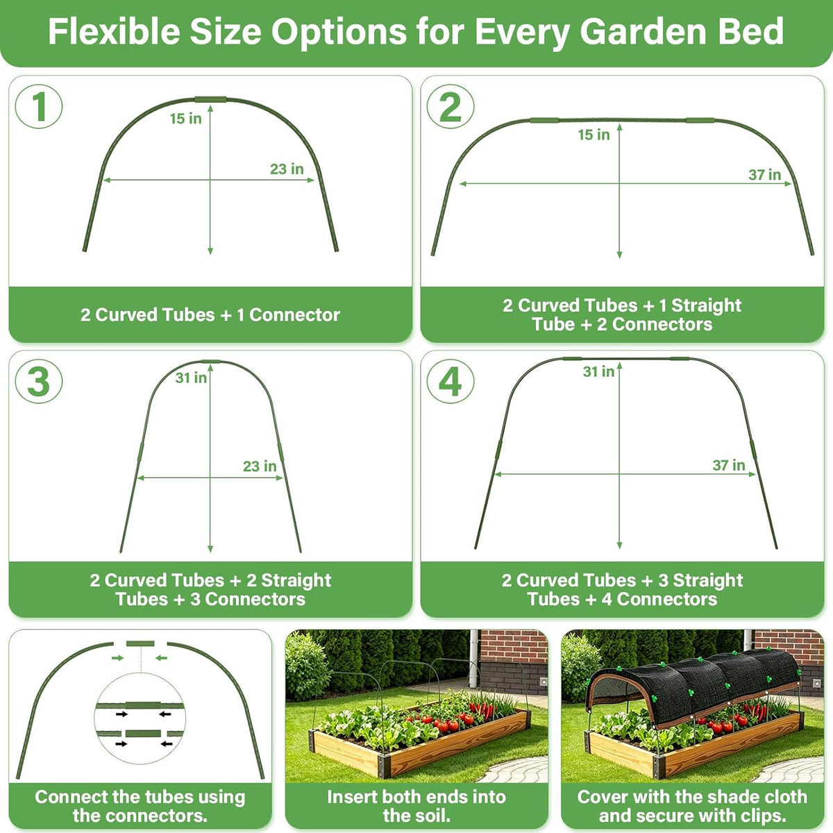 60 Pcs Garden Hoops for Raised Beds, 12 Sets Greenhouse Hoops Grow Tunnel Rust-Free Fiberglass Hoop House Kit, Plant Support Garden Stakes Hoops Frame for Netting Shade Cloth Row Cover Garden Supplies