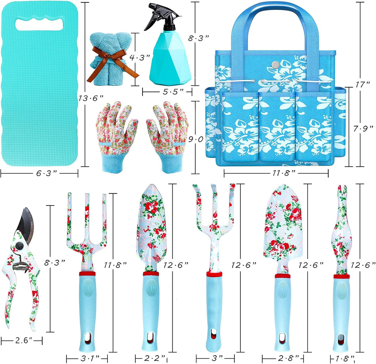 Womens Gardening Gifts Set - Floral Gardening Tools with Tote Bag - Gifts for Mom, Girlfriend or Women - Birthday, Christmas (Blue)