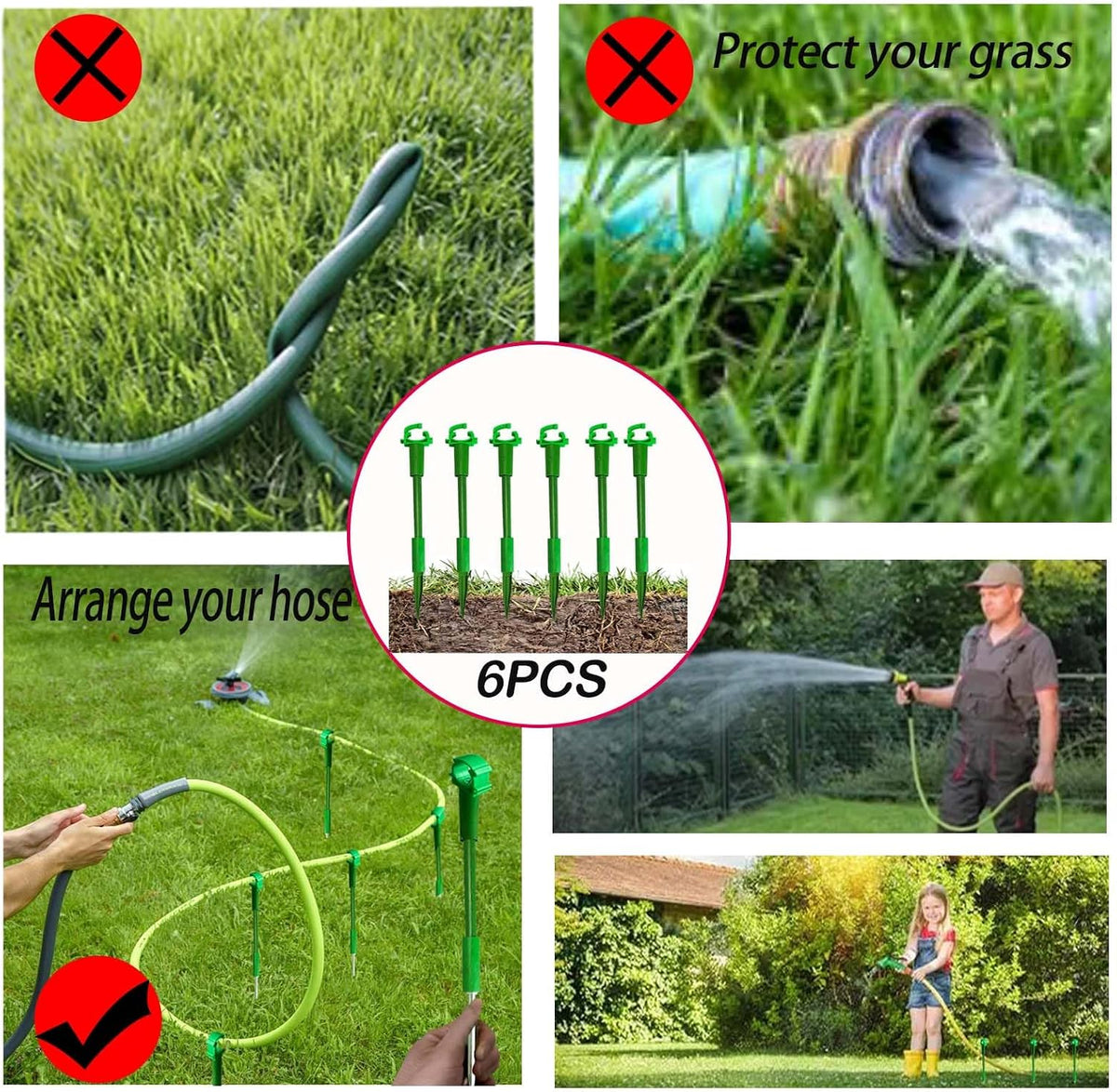 Green Plastic Hose Guide Stakes, Set of 6, 15 Feet, Protects Lawn & Plants, Heavy Duty Hose Guide Spikes