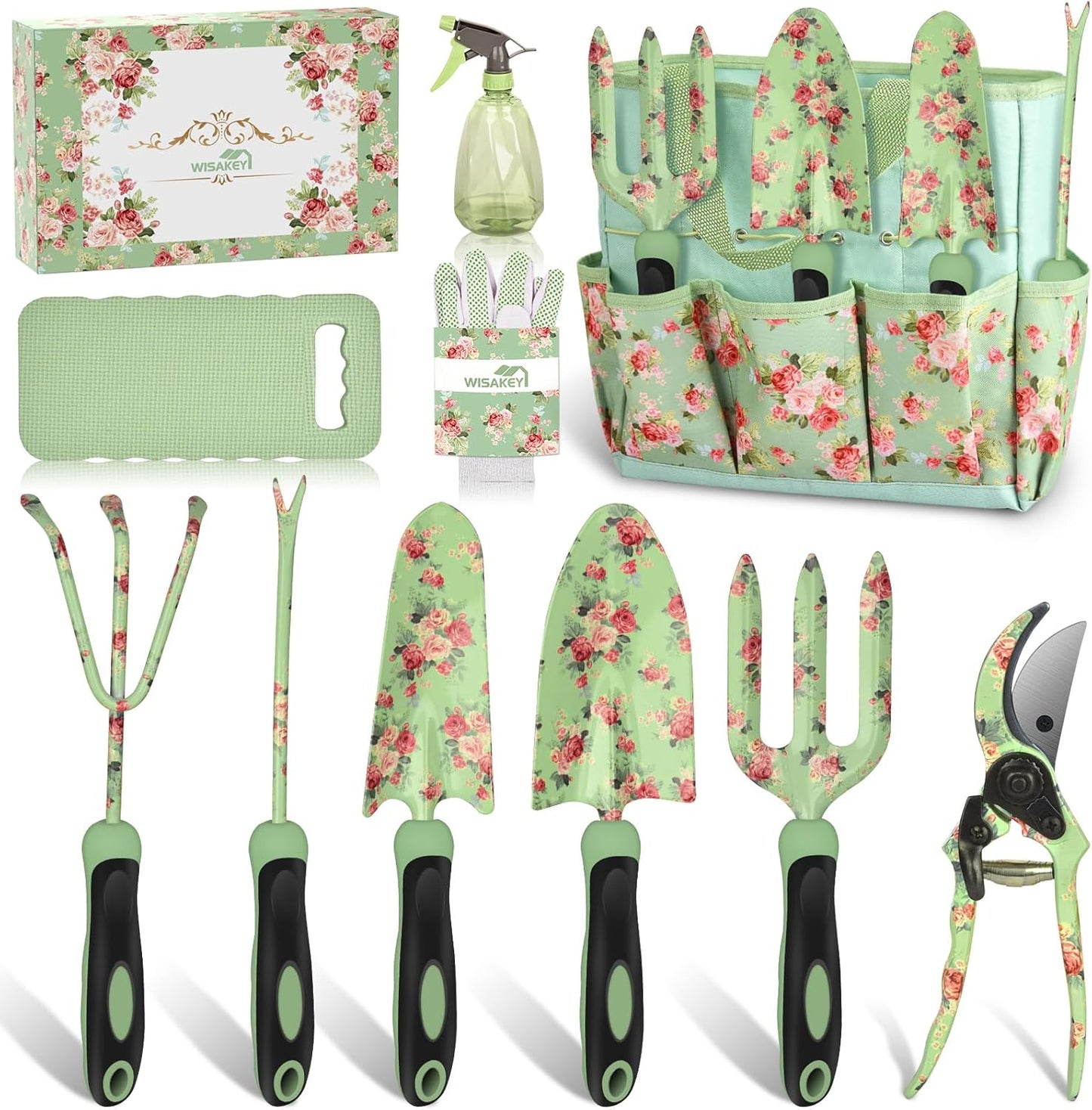 WisaKey 10 Piece Gardening Tools Heavy Duty Garden Tools Set Handbag, Green