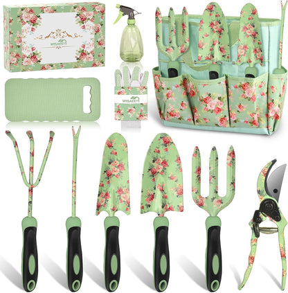 WisaKey 10 Piece Gardening Tools Heavy Duty Garden Tools Set Handbag, Green