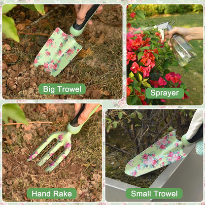 WisaKey 10 Piece Gardening Tools Heavy Duty Garden Tools Set Handbag, Green