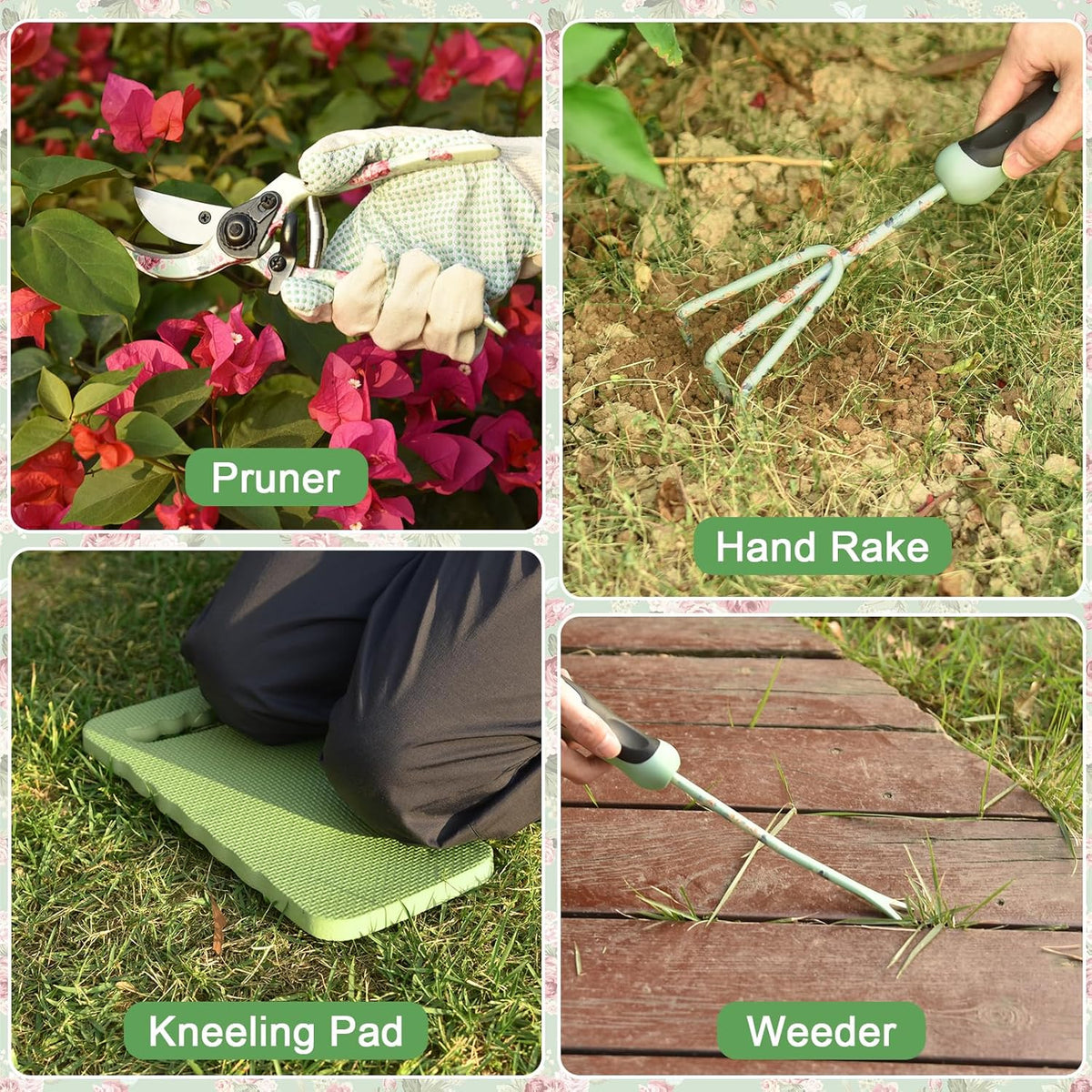 WisaKey 10 Piece Gardening Tools Heavy Duty Garden Tools Set Handbag, Green