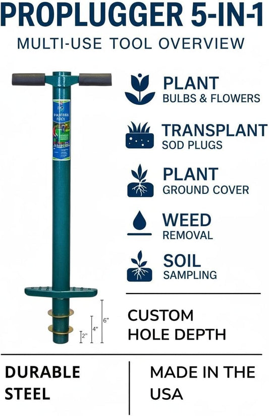 5-IN-1 Lawn Tool and Garden Tool, Bulb Planter, Weeder, Sod Plugger, Annual Planter, Soil Test
