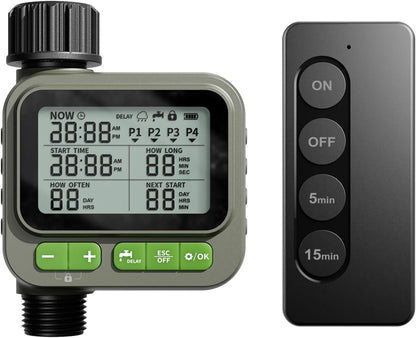 Sprinkler Timer with remote control, Programmable Water Timer for Garden Hose, Outdoor Hose Faucet Timed with 4 Plans/Rain Delay/Automatic Watering controller System, Digital Irrigation for Yard, Lawn