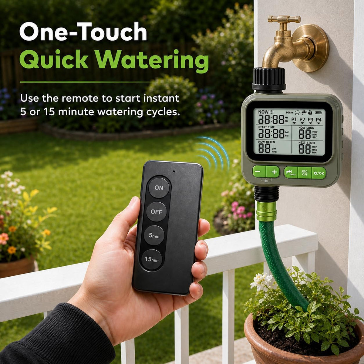 Sprinkler Timer with remote control, Programmable Water Timer for Garden Hose, Outdoor Hose Faucet Timed with 4 Plans/Rain Delay/Automatic Watering controller System, Digital Irrigation for Yard, Lawn