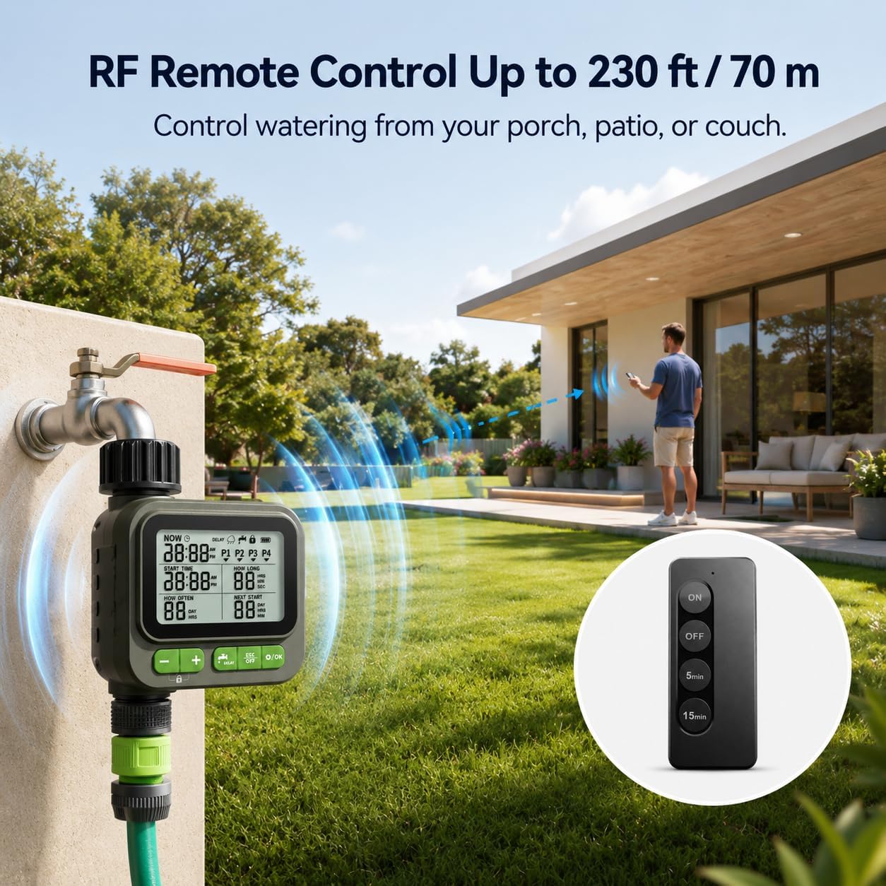 Sprinkler Timer with remote control, Programmable Water Timer for Garden Hose, Outdoor Hose Faucet Timed with 4 Plans/Rain Delay/Automatic Watering controller System, Digital Irrigation for Yard, Lawn