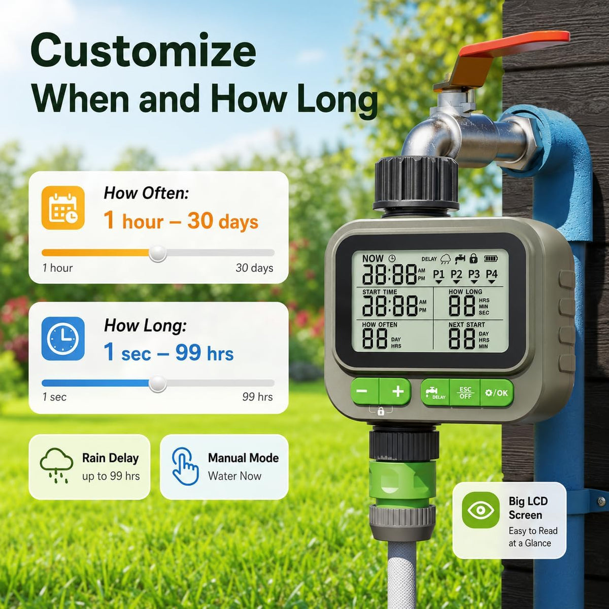 Sprinkler Timer with remote control, Programmable Water Timer for Garden Hose, Outdoor Hose Faucet Timed with 4 Plans/Rain Delay/Automatic Watering controller System, Digital Irrigation for Yard, Lawn