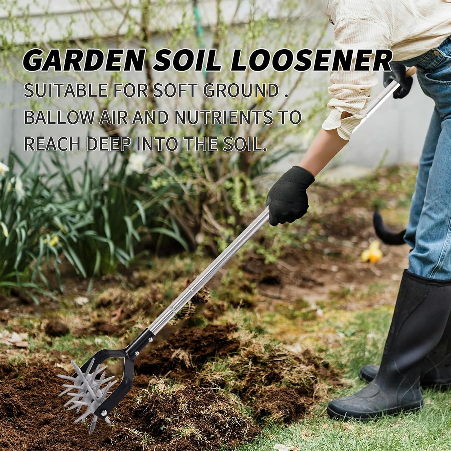 Rotary Cultivator Garden Tool, Adjustable Hand Tiller 29.7-57in