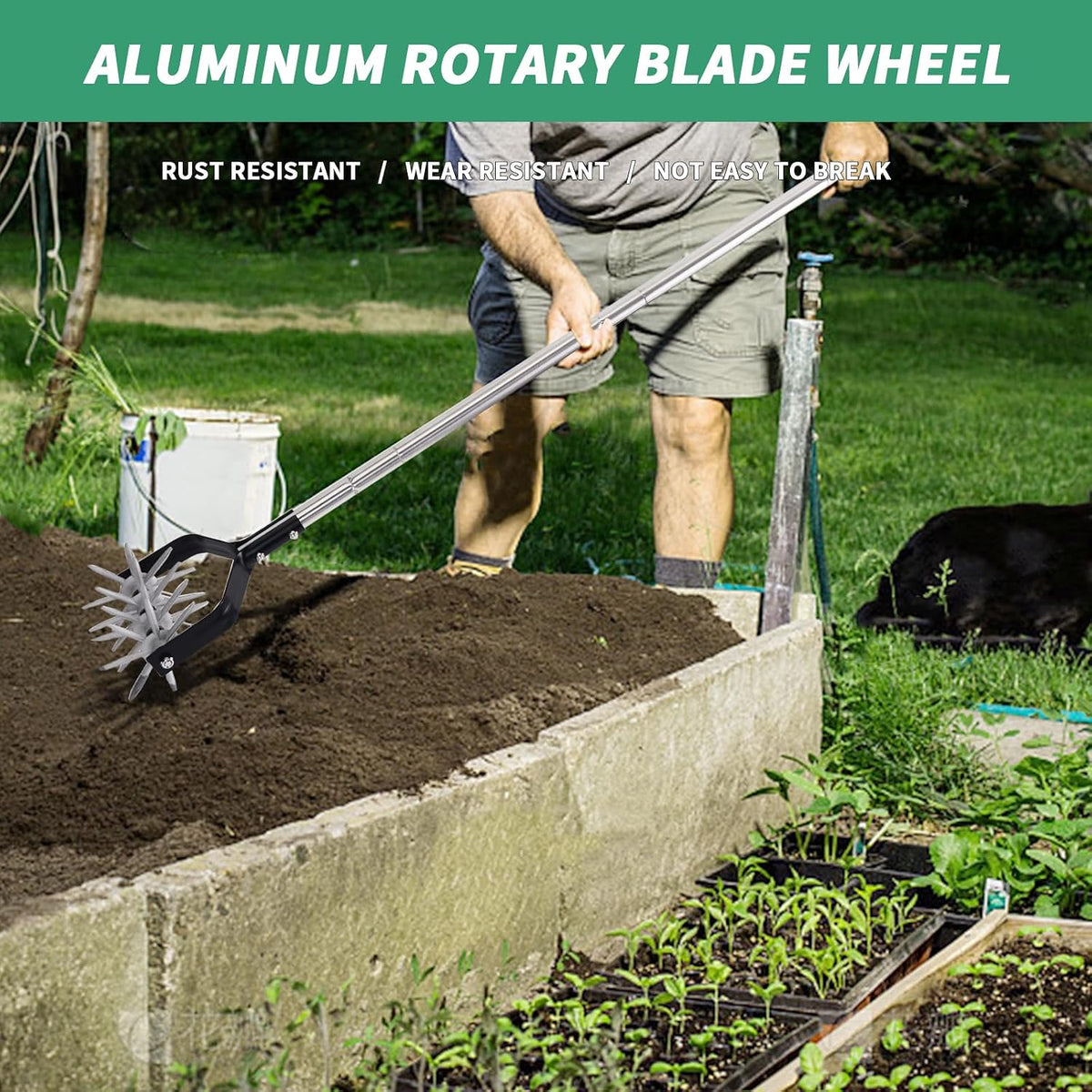 Rotary Cultivator Garden Tool, Adjustable Hand Tiller 29.7-57in