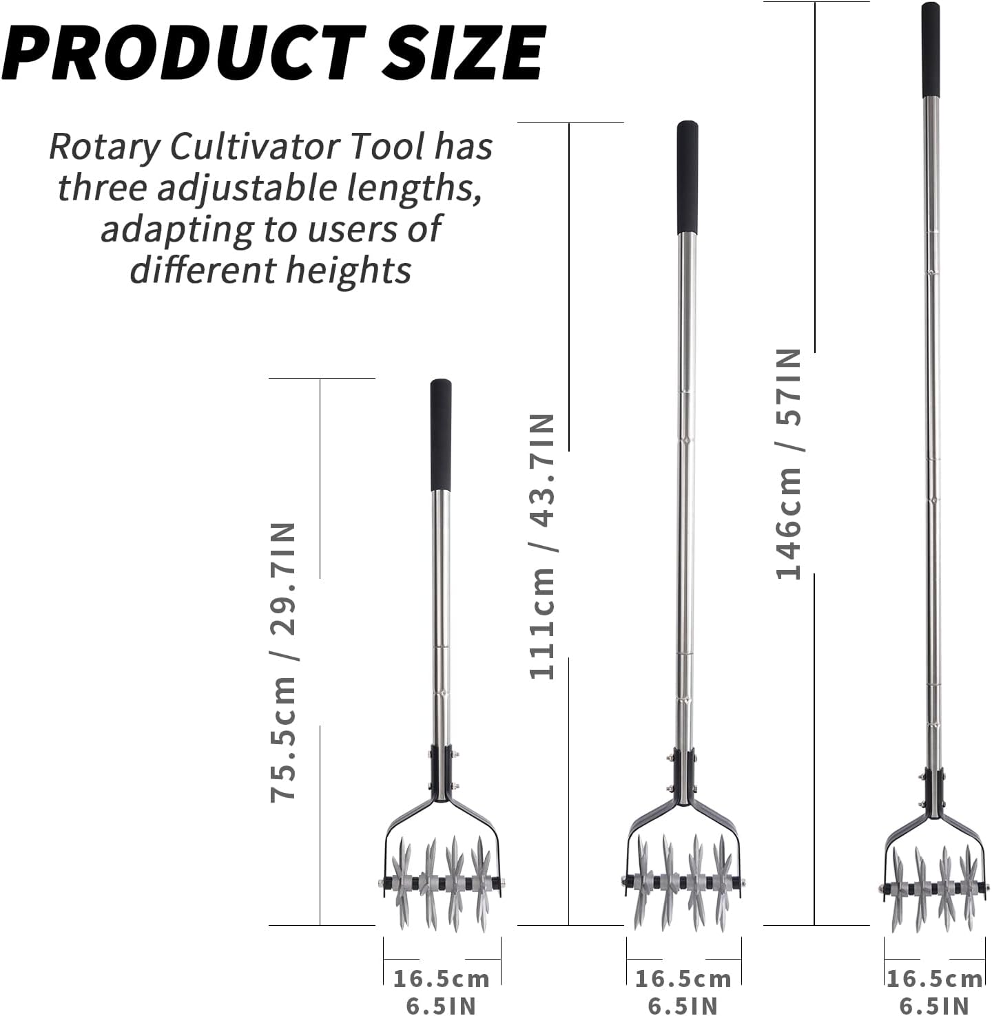 Rotary Cultivator Garden Tool, Adjustable Hand Tiller 29.7-57in