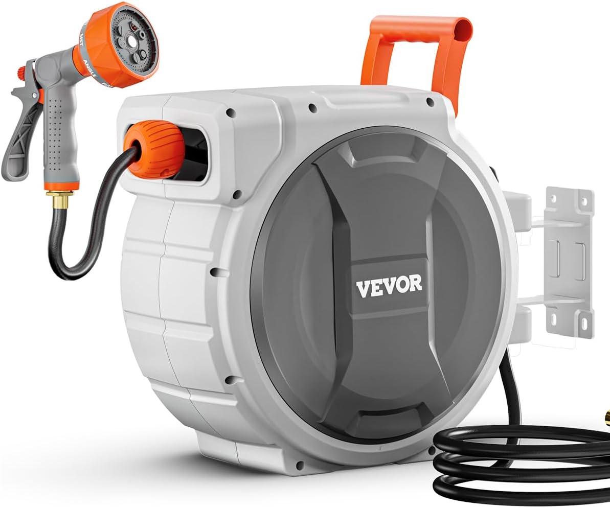 Retractable Garden Hose Reel, 5/8 Inch x 100 ft Wall Mounted Hose Reel, Heavy Duty Garden Hose Reel with 9 Patterns Nozzle, Any Length Lock, Upgraded Slow Return System and 180°Swivel Bracket