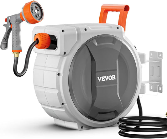 Retractable Garden Hose Reel, 5/8 Inch x 100 ft Wall Mounted Hose Reel, Heavy Duty Garden Hose Reel with 9 Patterns Nozzle, Any Length Lock, Upgraded Slow Return System and 180°Swivel Bracket