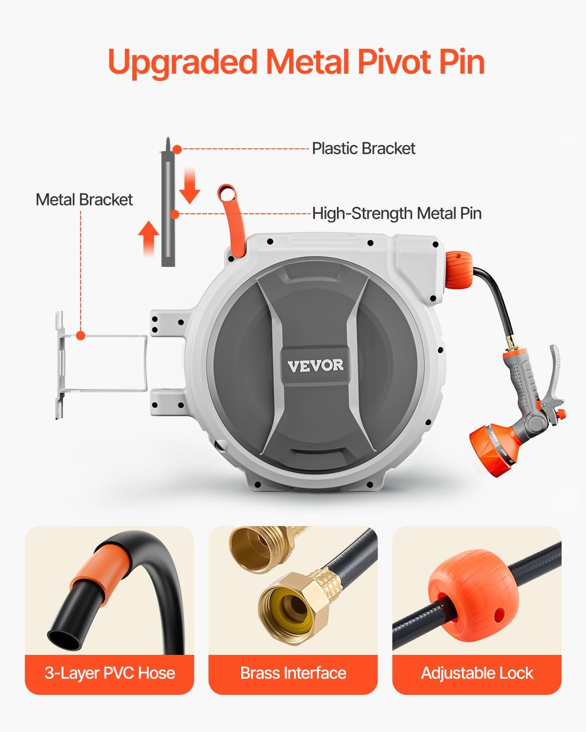 Retractable Garden Hose Reel, 5/8 Inch x 100 ft Wall Mounted Hose Reel, Heavy Duty Garden Hose Reel with 9 Patterns Nozzle, Any Length Lock, Upgraded Slow Return System and 180°Swivel Bracket