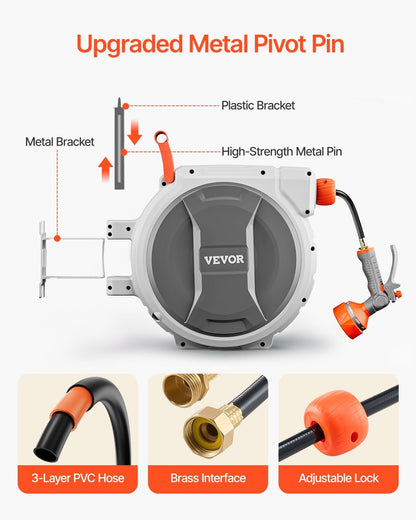 Retractable Garden Hose Reel, 5/8 Inch x 100 ft Wall Mounted Hose Reel, Heavy Duty Garden Hose Reel with 9 Patterns Nozzle, Any Length Lock, Upgraded Slow Return System and 180°Swivel Bracket