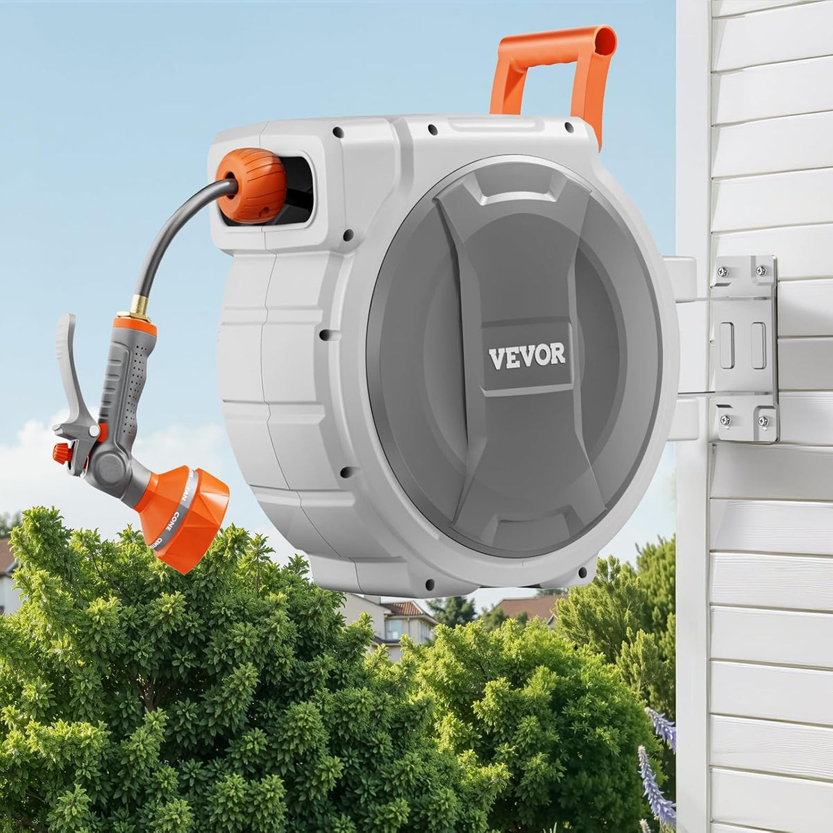 Retractable Garden Hose Reel, 5/8 Inch x 100 ft Wall Mounted Hose Reel, Heavy Duty Garden Hose Reel with 9 Patterns Nozzle, Any Length Lock, Upgraded Slow Return System and 180°Swivel Bracket